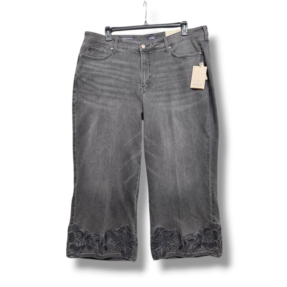 NYDJ Teresa Wide Leg Ankle Jeans Womens 20W Petite Floral Crochet Hem Dusty Ash